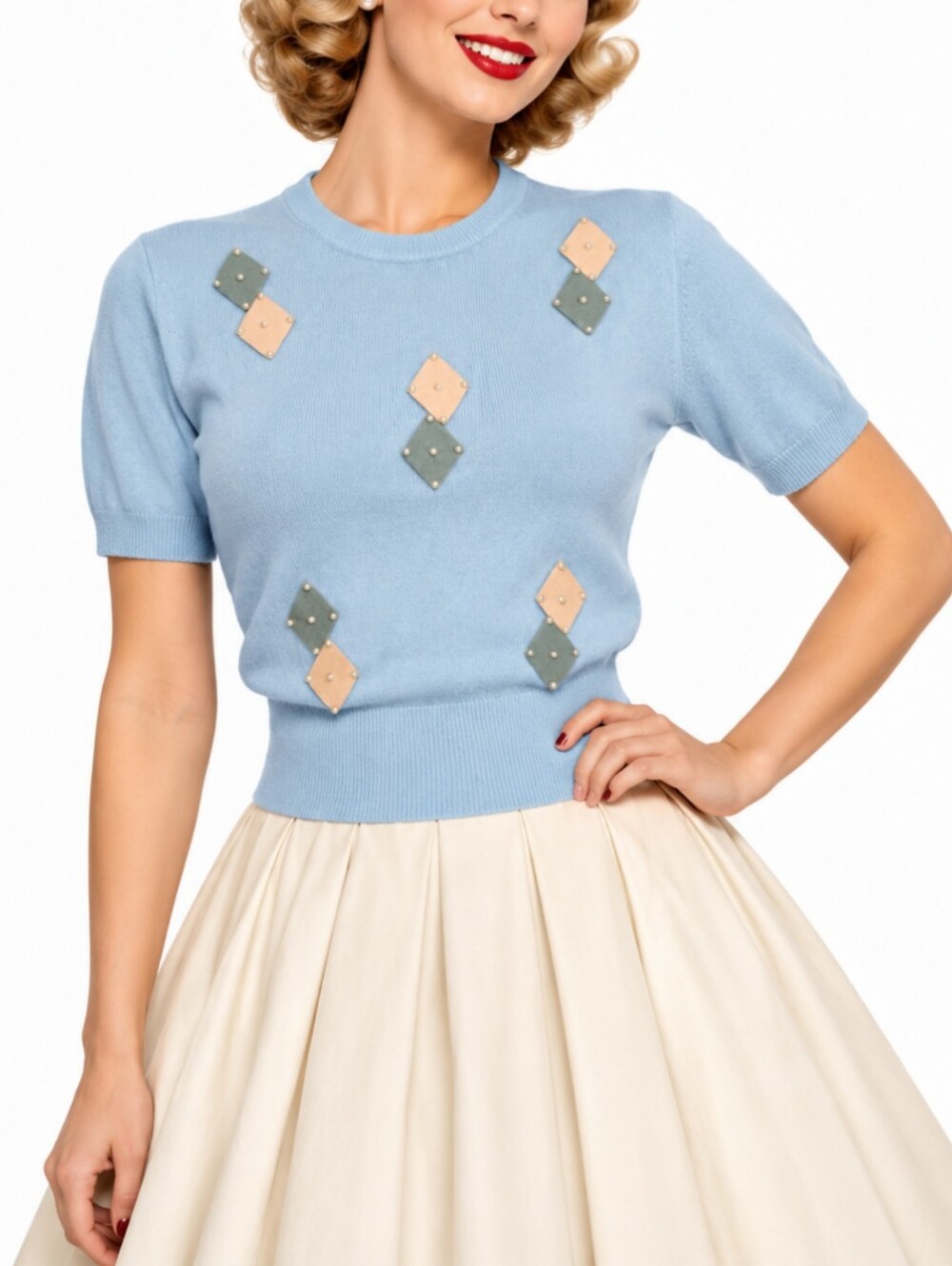Vintage 1950's Argyle Short Sleeve Sweater Size S Blue Pearl Mid Century Pin Up